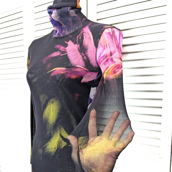 FUZZI Italy Bodycon Turtleneck Mesh Top Medium Black Floral - Picture 5 of 15